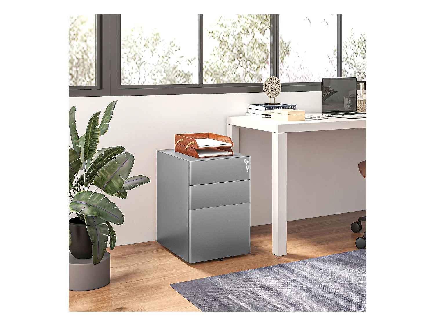 Cassettiera da ufficio con serratura e ruote in acciaio grigio