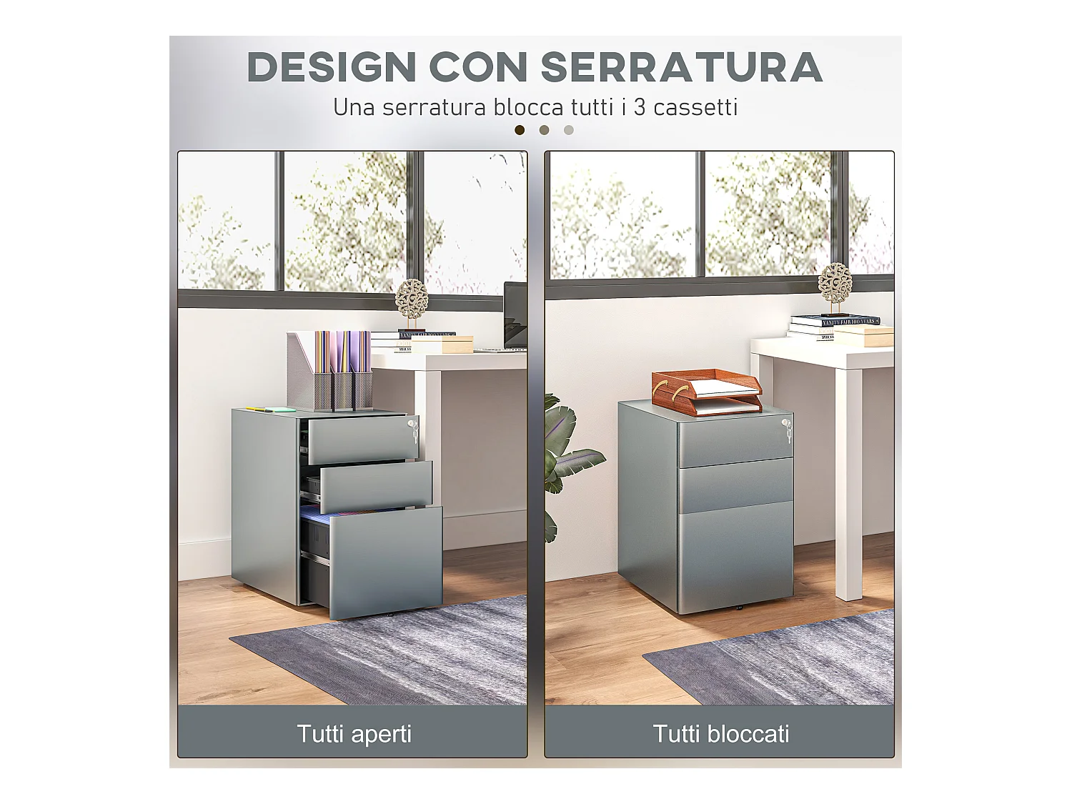 Cassettiera da ufficio con serratura e ruote in acciaio grigio
