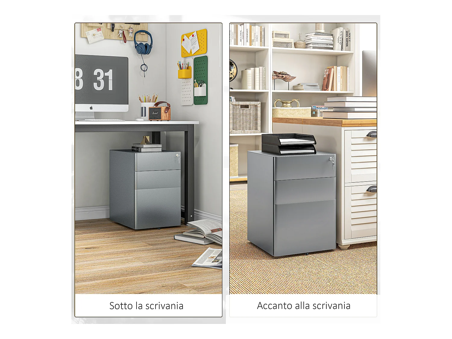 Cassettiera da ufficio con serratura e ruote in acciaio grigio