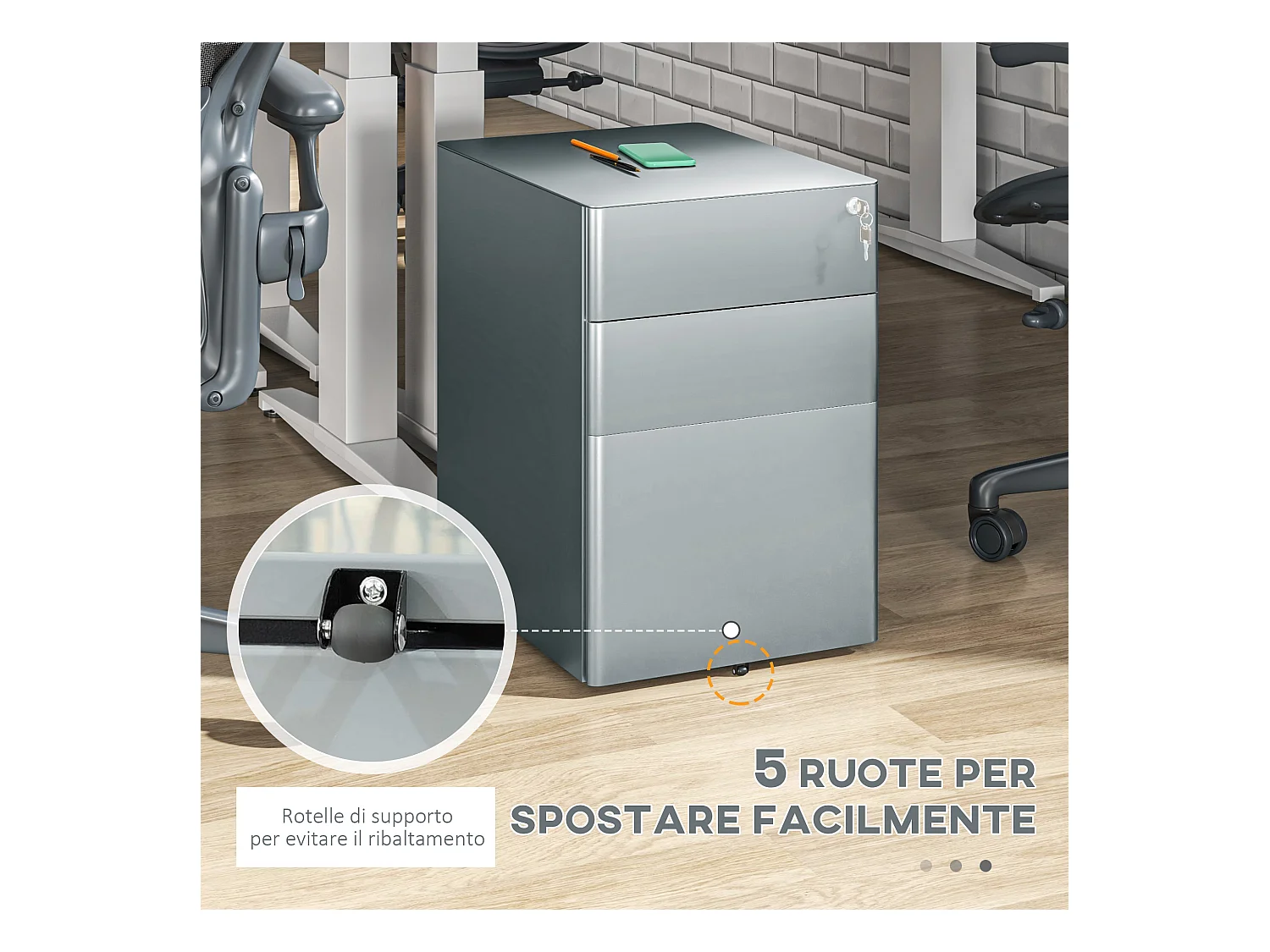 Cassettiera da ufficio con serratura e ruote in acciaio grigio
