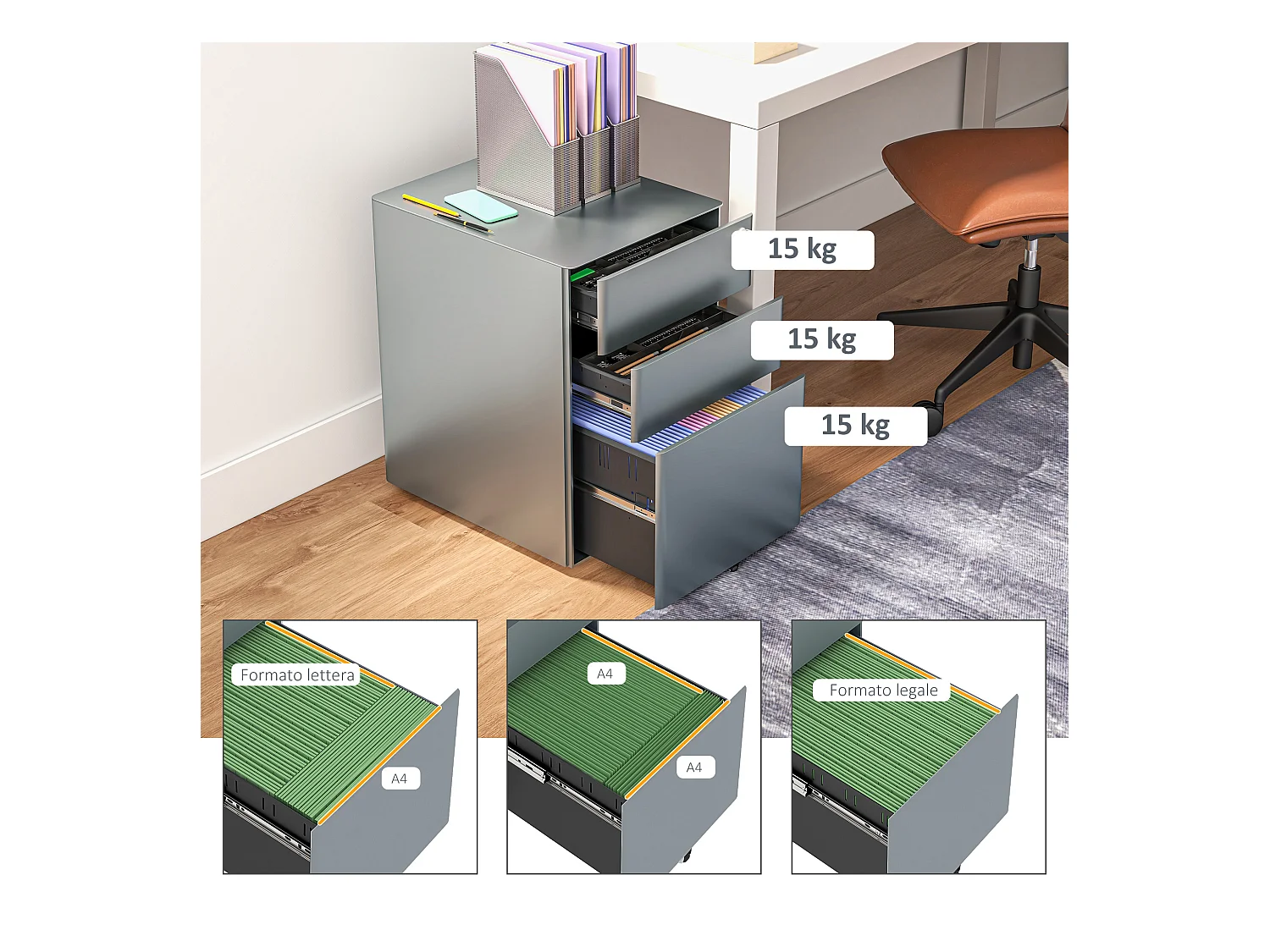 Cassettiera da ufficio con serratura e ruote in acciaio grigio