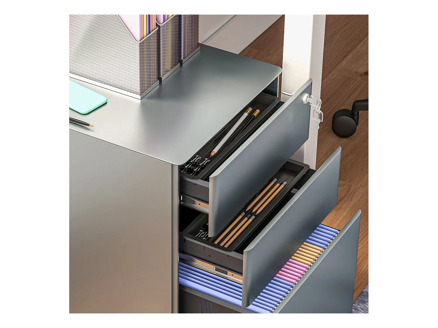 Cassettiera da ufficio con serratura e ruote in acciaio grigio