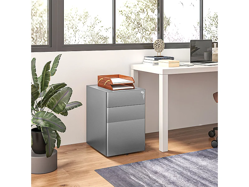 Cassettiera da ufficio con serratura e ruote in acciaio grigio