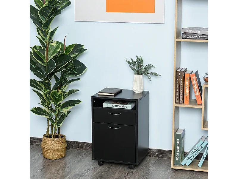 Cassettiera portadocumenti da ufficio 2 cassetti 4 ruote in legno nero