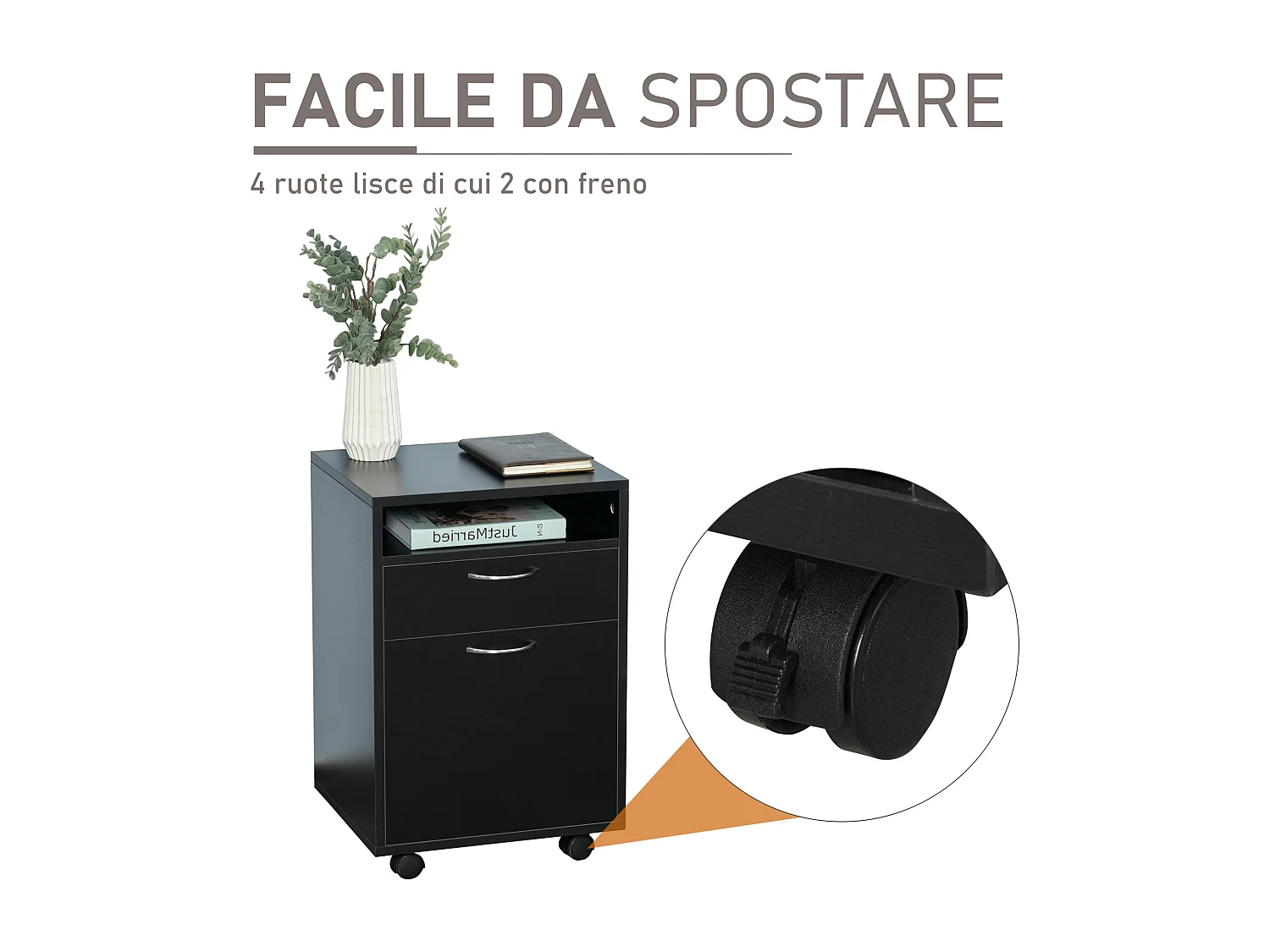 Cassettiera portadocumenti da ufficio 2 cassetti 4 ruote in legno nero
