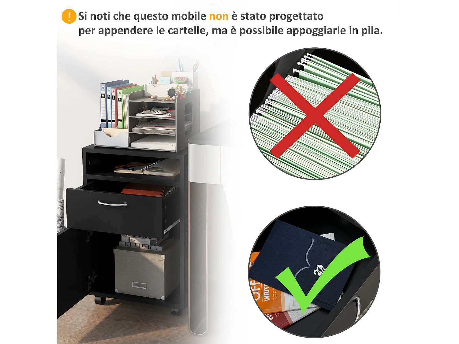 Cassettiera portadocumenti da ufficio 2 cassetti 4 ruote in legno nero