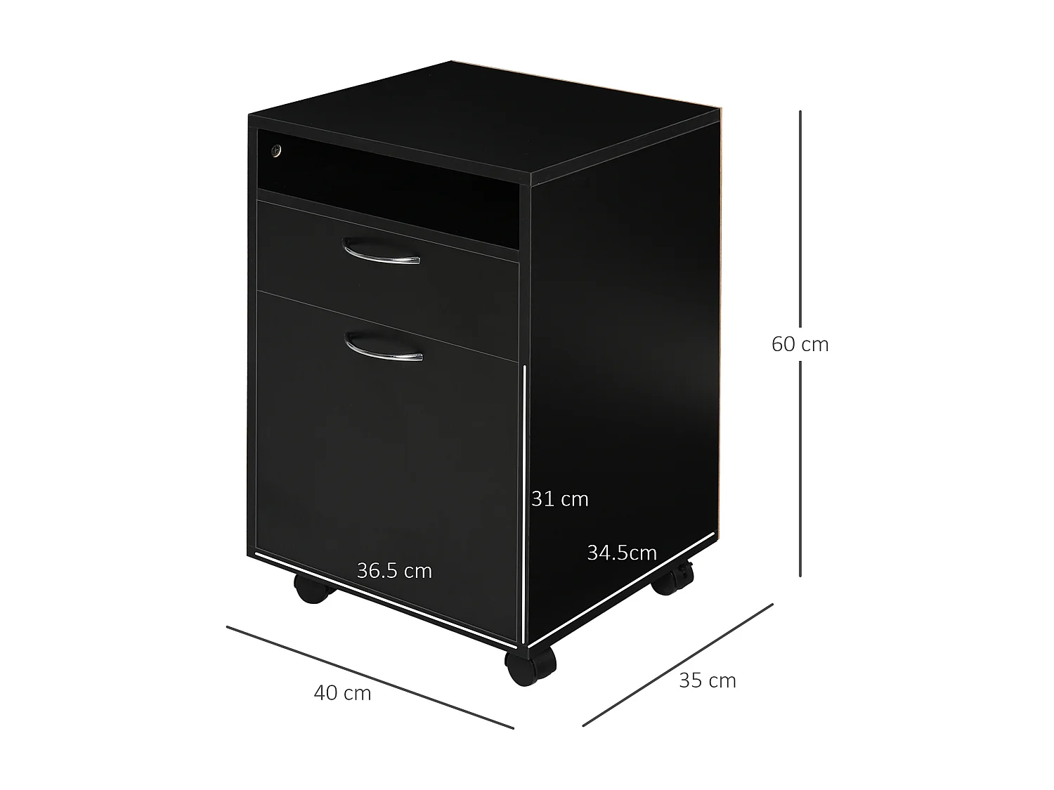Cassettiera portadocumenti da ufficio 2 cassetti 4 ruote in legno nero