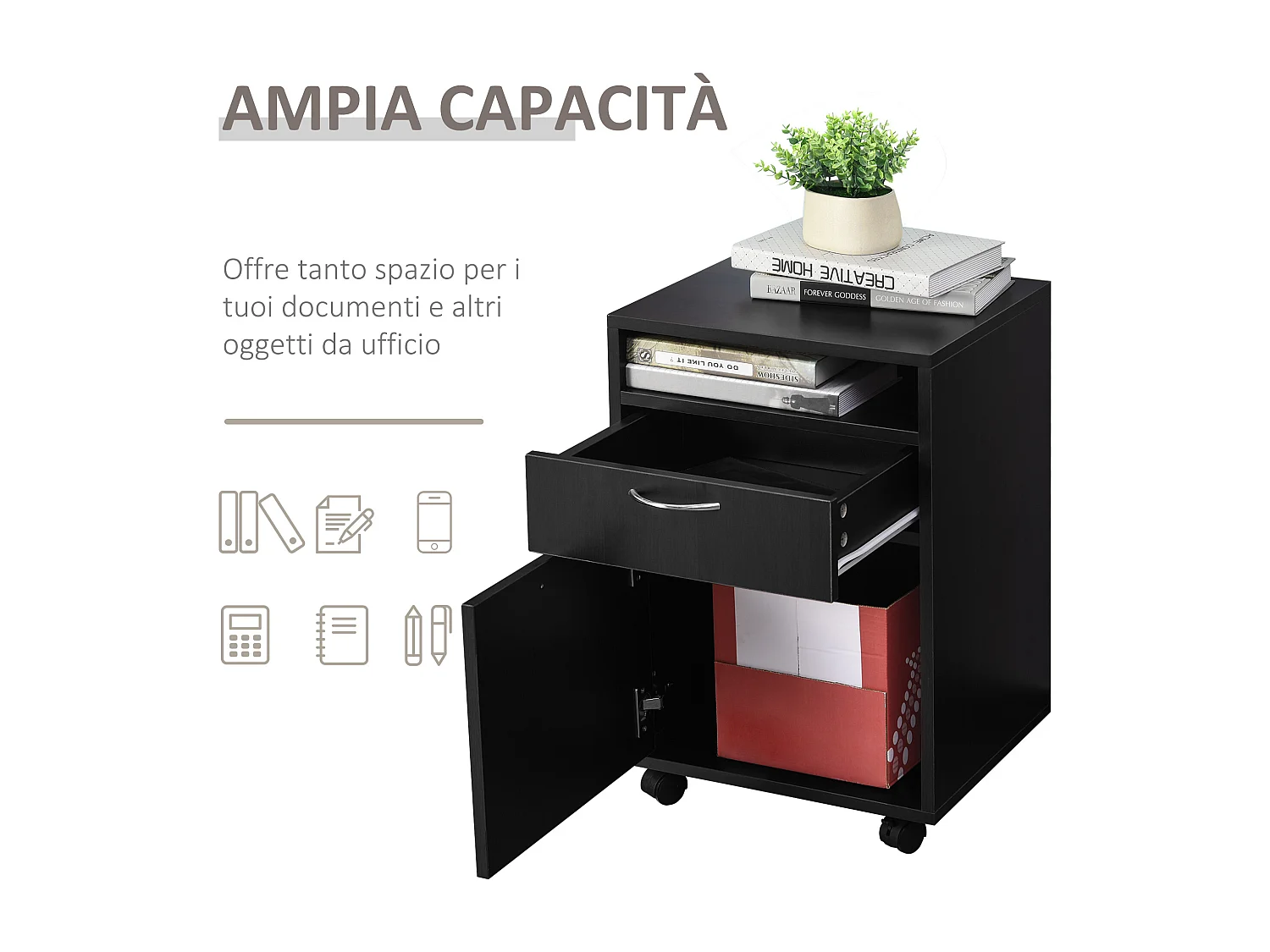 Cassettiera portadocumenti da ufficio 2 cassetti 4 ruote in legno nero