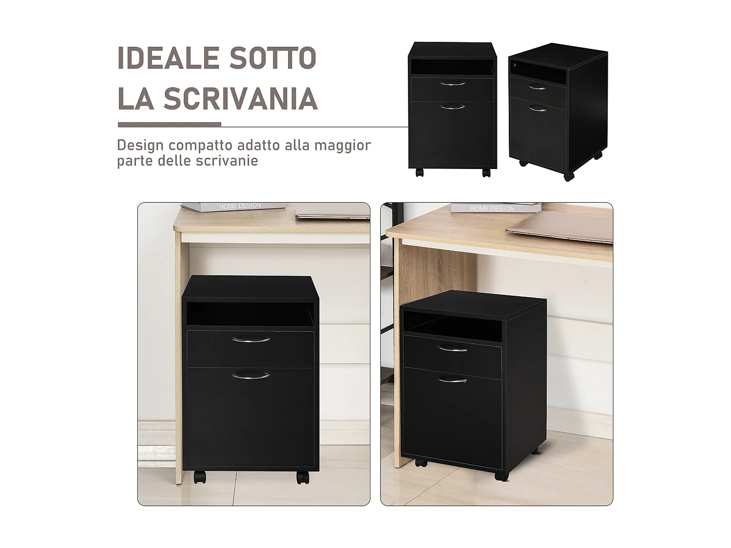 Cassettiera portadocumenti da ufficio 2 cassetti 4 ruote in legno nero