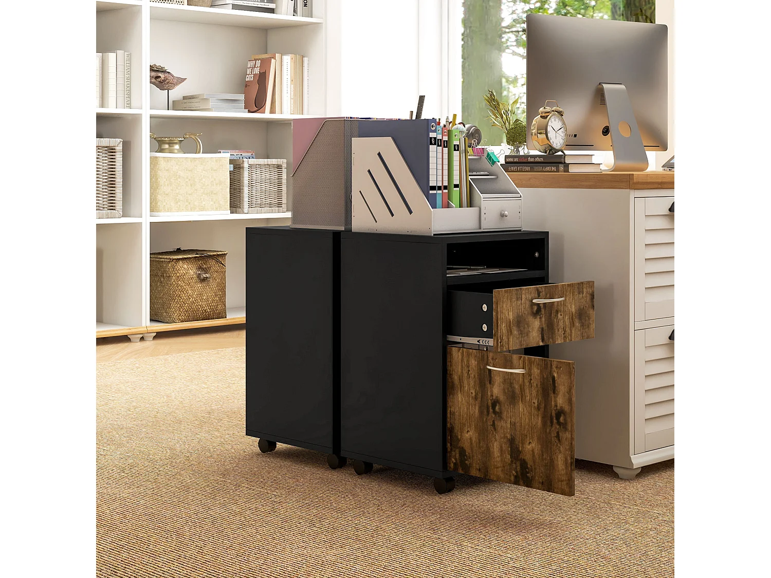 Cassettiera portadocumenti con ruote marrone e nero