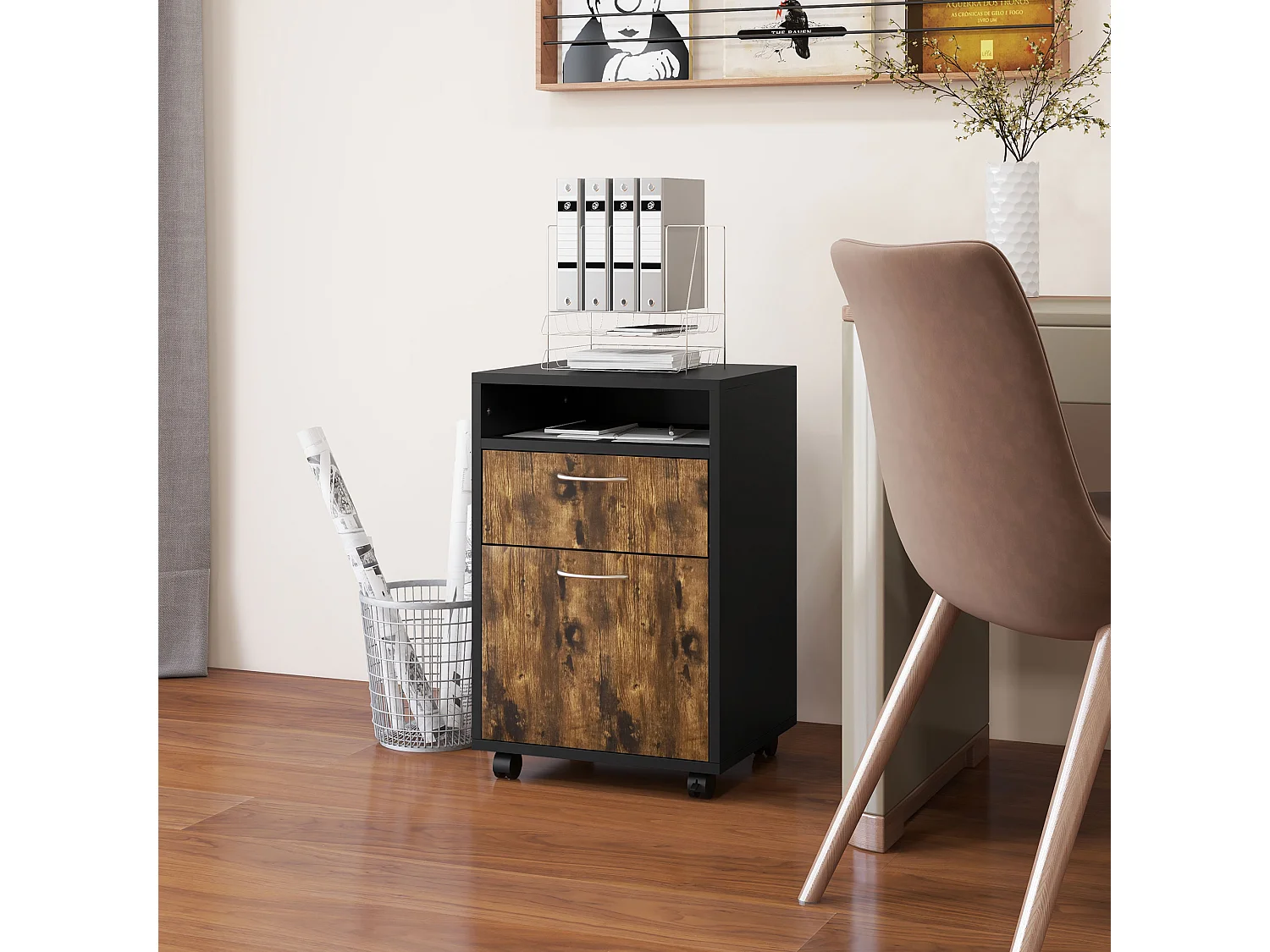 Cassettiera portadocumenti con ruote marrone e nero
