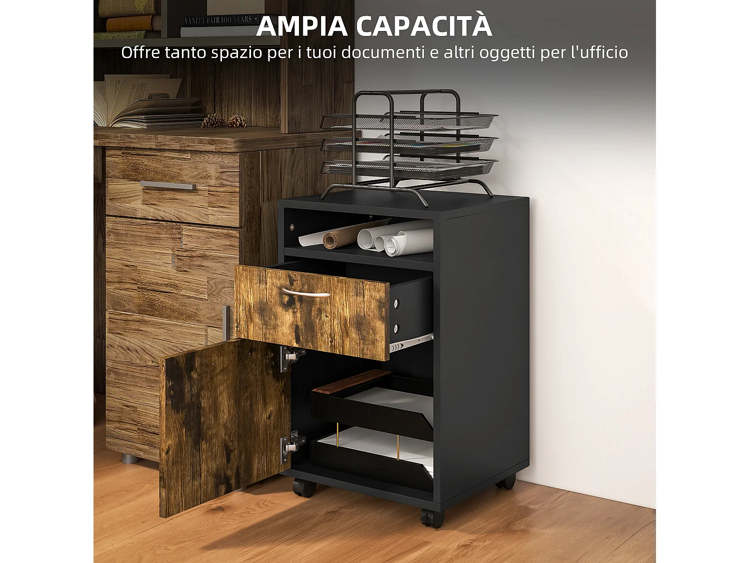 Cassettiera portadocumenti con ruote marrone e nero
