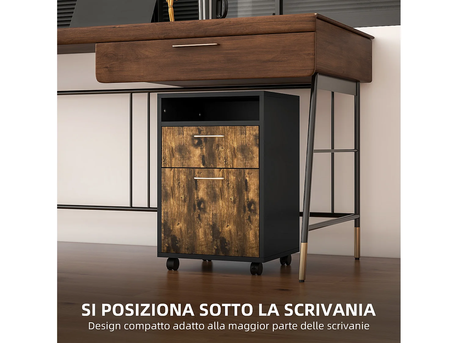 Cassettiera portadocumenti con ruote marrone e nero