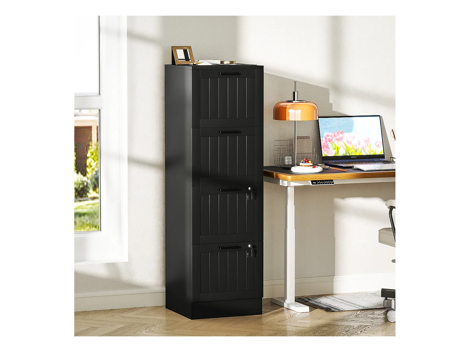 Cassettiera portadocumenti a 4 cassetti con binario regolabile nero