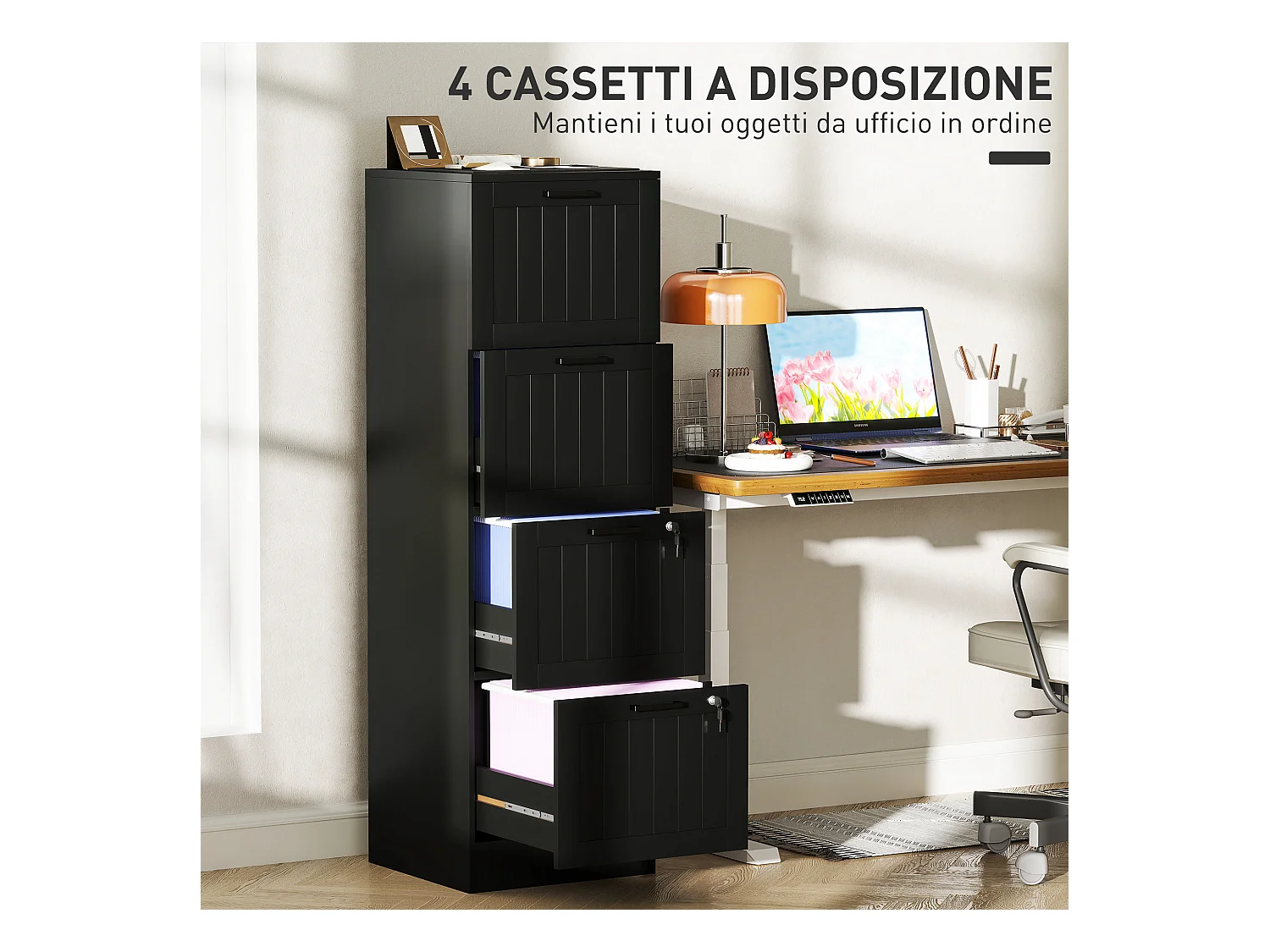 Cassettiera portadocumenti a 4 cassetti con binario regolabile nero