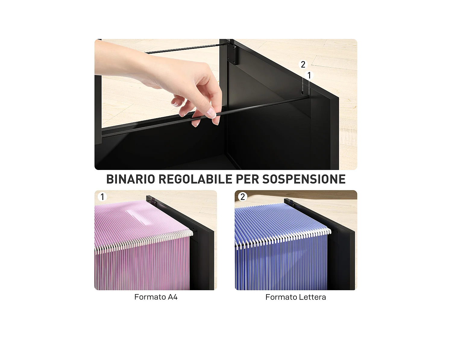 Cassettiera portadocumenti a 4 cassetti con binario regolabile nero