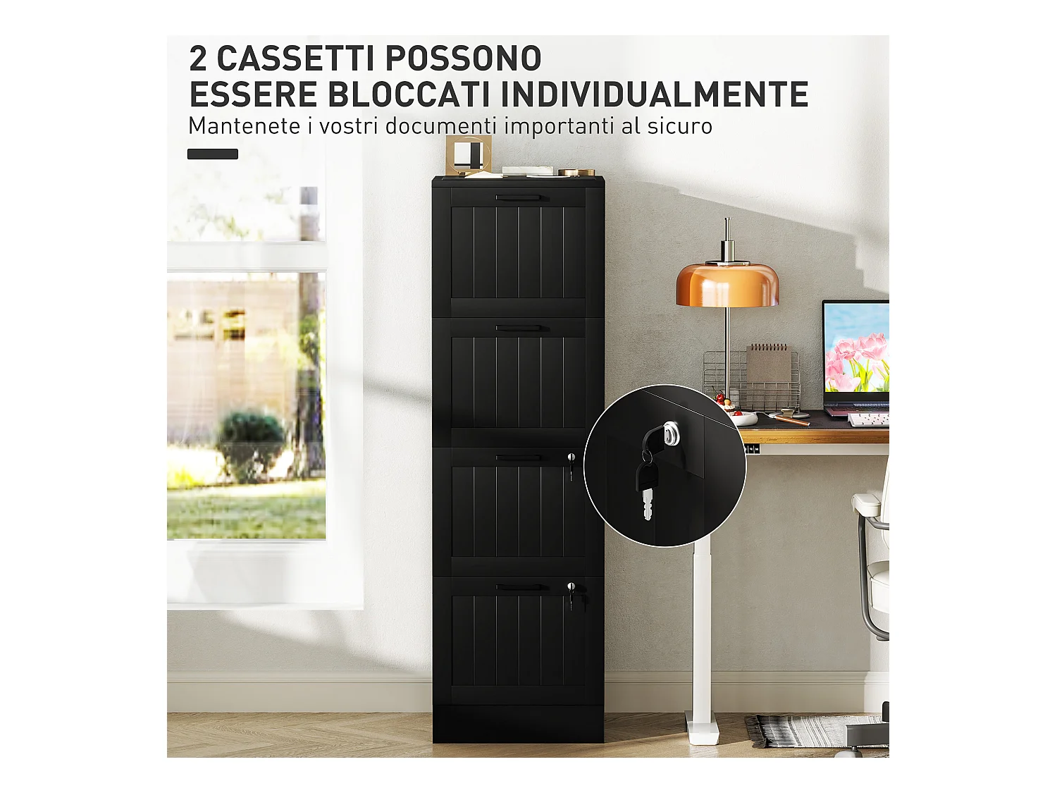 Cassettiera portadocumenti a 4 cassetti con binario regolabile nero