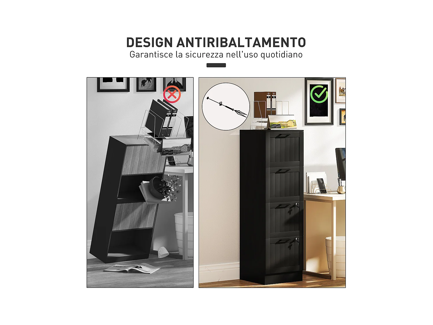 Cassettiera portadocumenti a 4 cassetti con binario regolabile nero