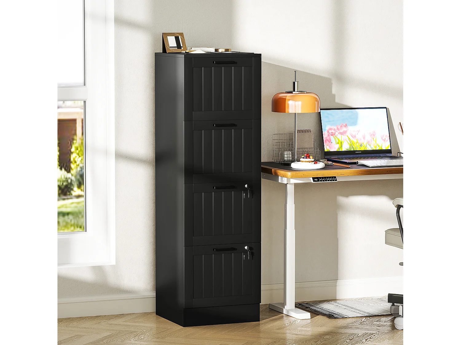 Cassettiera portadocumenti a 4 cassetti con binario regolabile nero