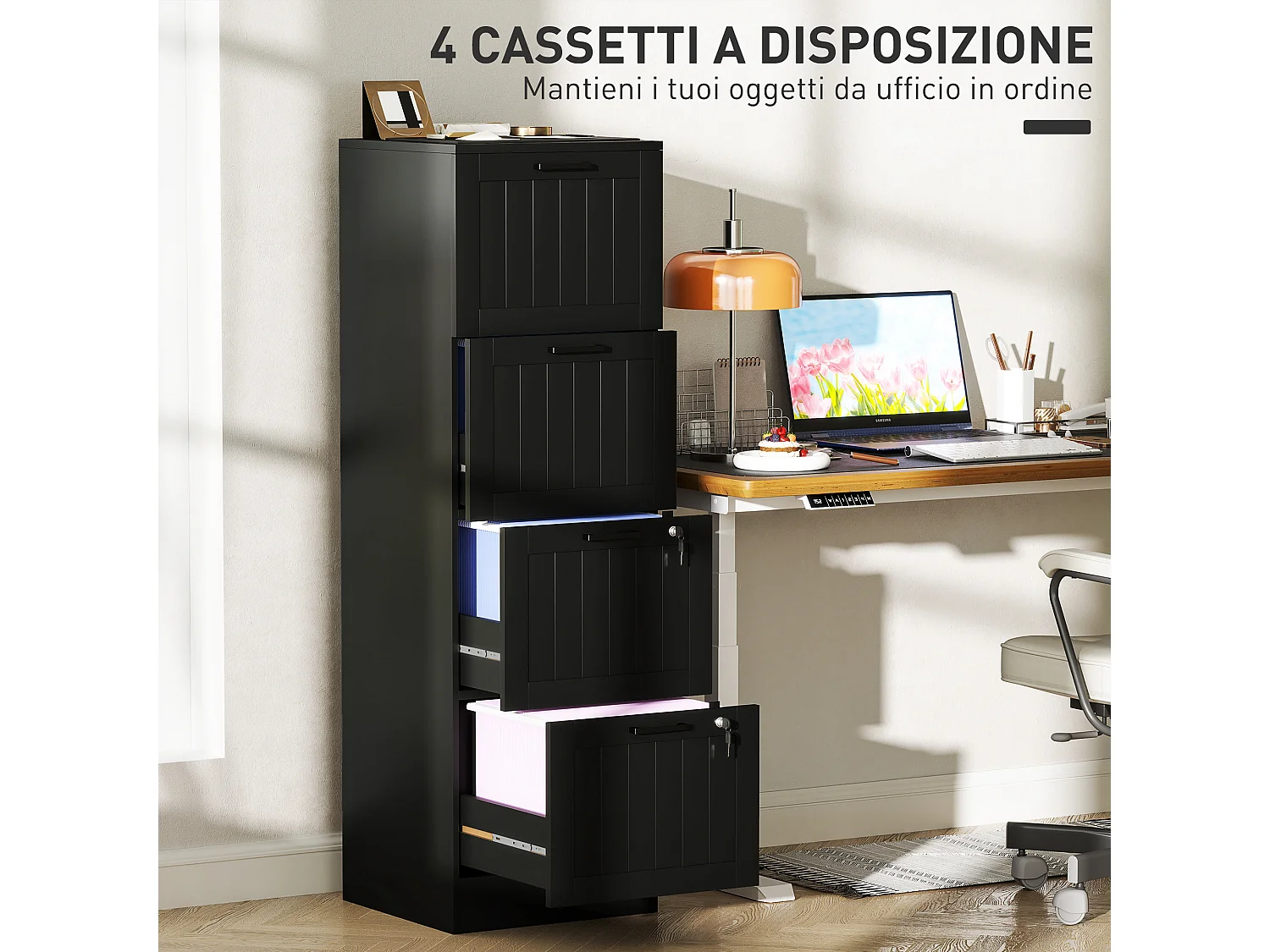 Cassettiera portadocumenti a 4 cassetti con binario regolabile nero