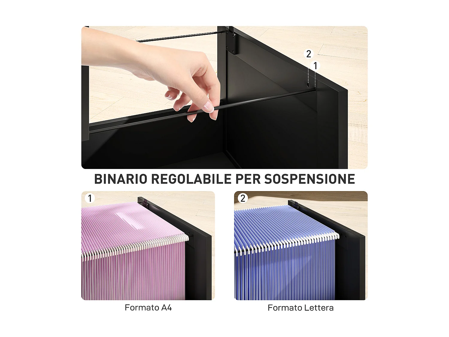 Cassettiera portadocumenti a 4 cassetti con binario regolabile nero