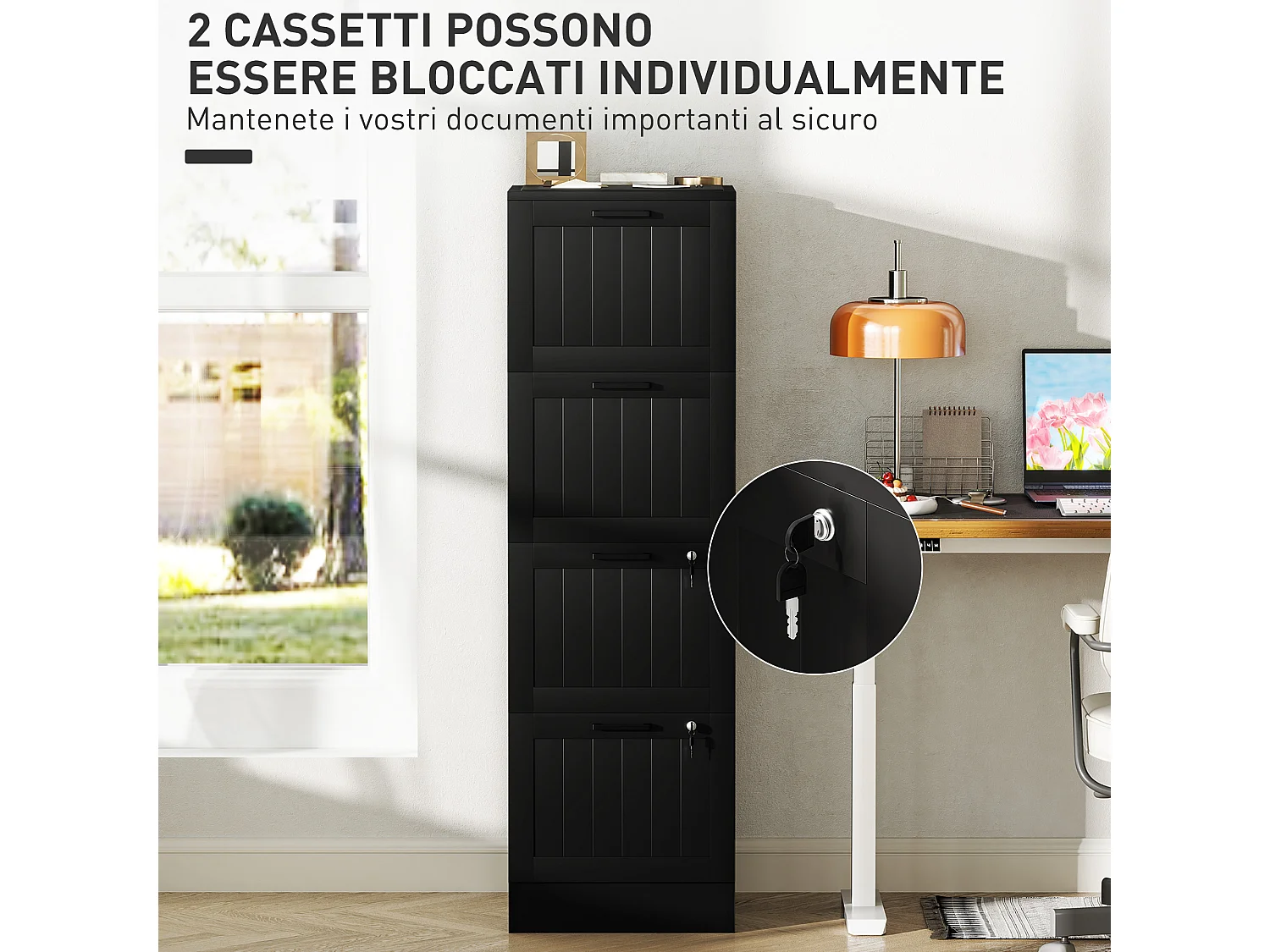 Cassettiera portadocumenti a 4 cassetti con binario regolabile nero