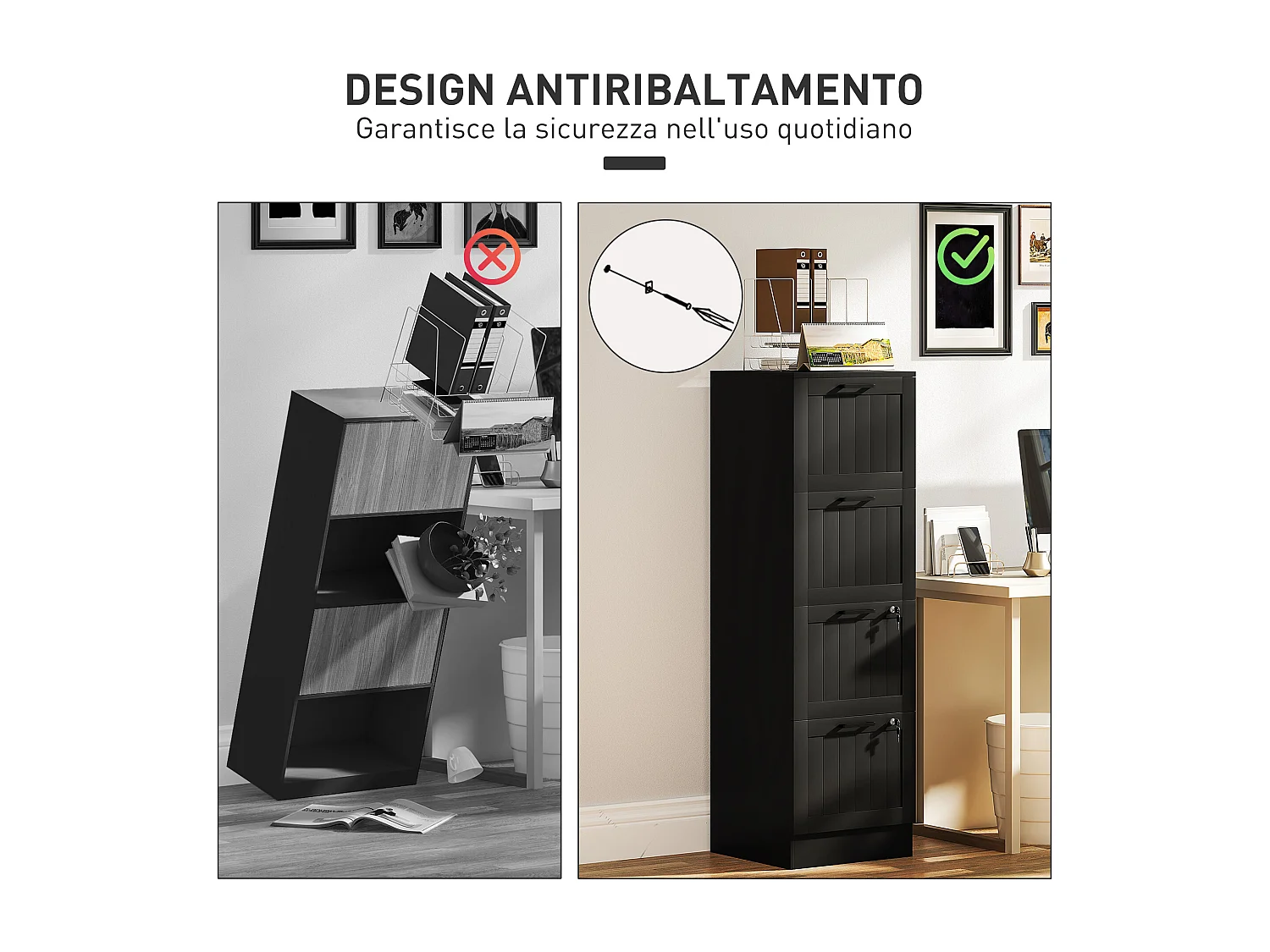 Cassettiera portadocumenti a 4 cassetti con binario regolabile nero