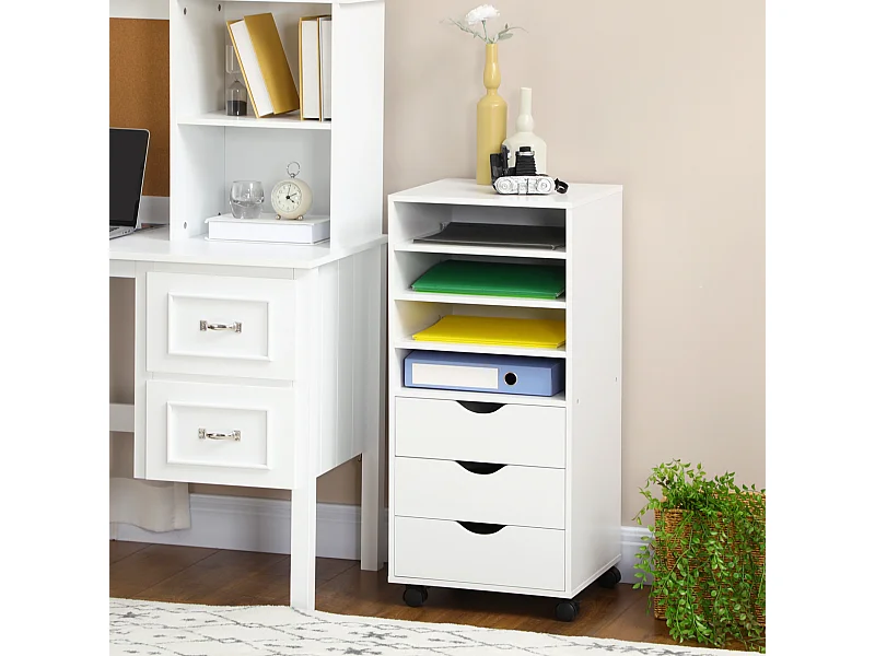 Cassettiera da ufficio con ruote 4 ripiani 3 cassetti in legno bianco