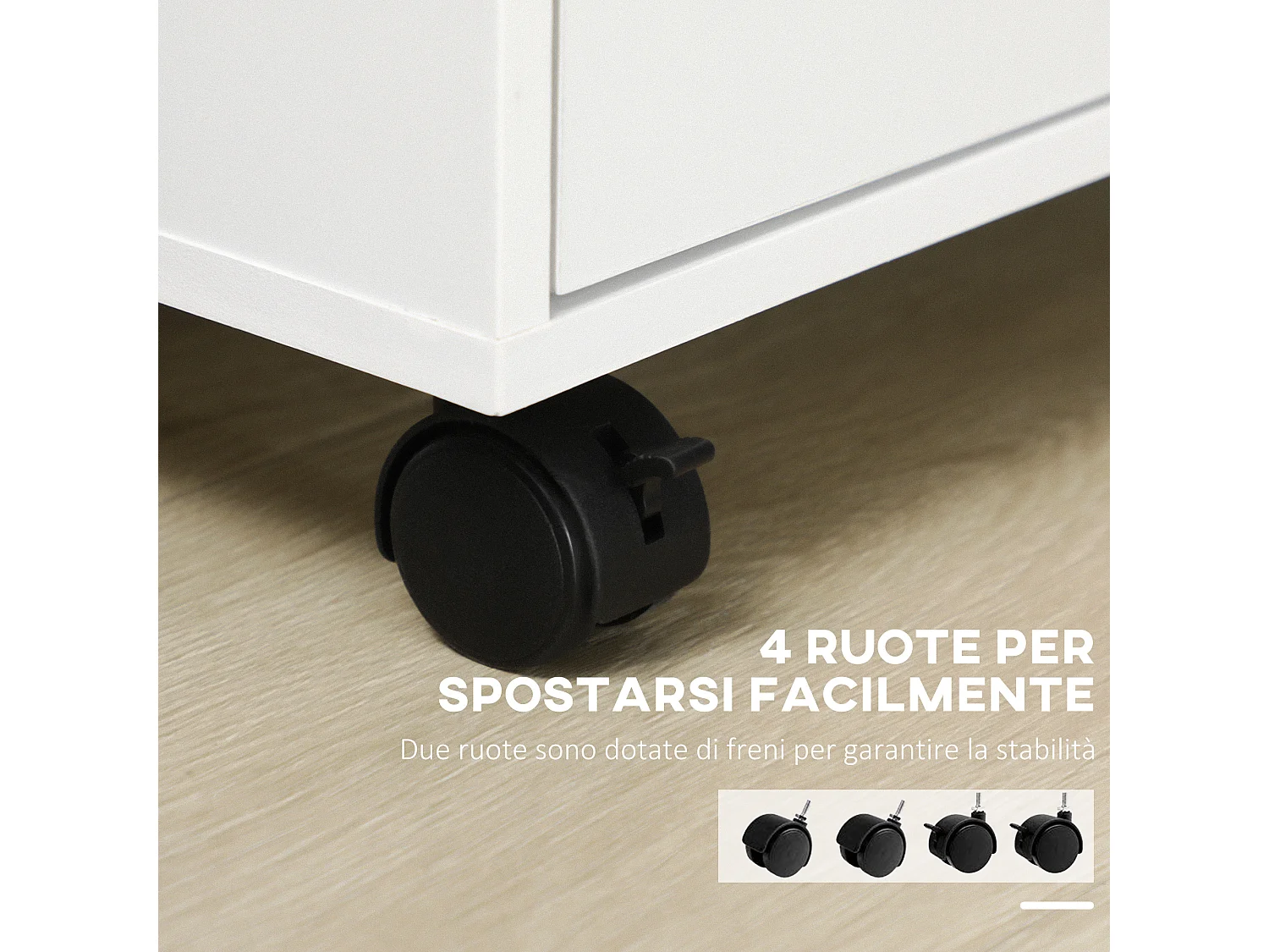 Cassettiera da ufficio con ruote 4 ripiani 3 cassetti in legno bianco