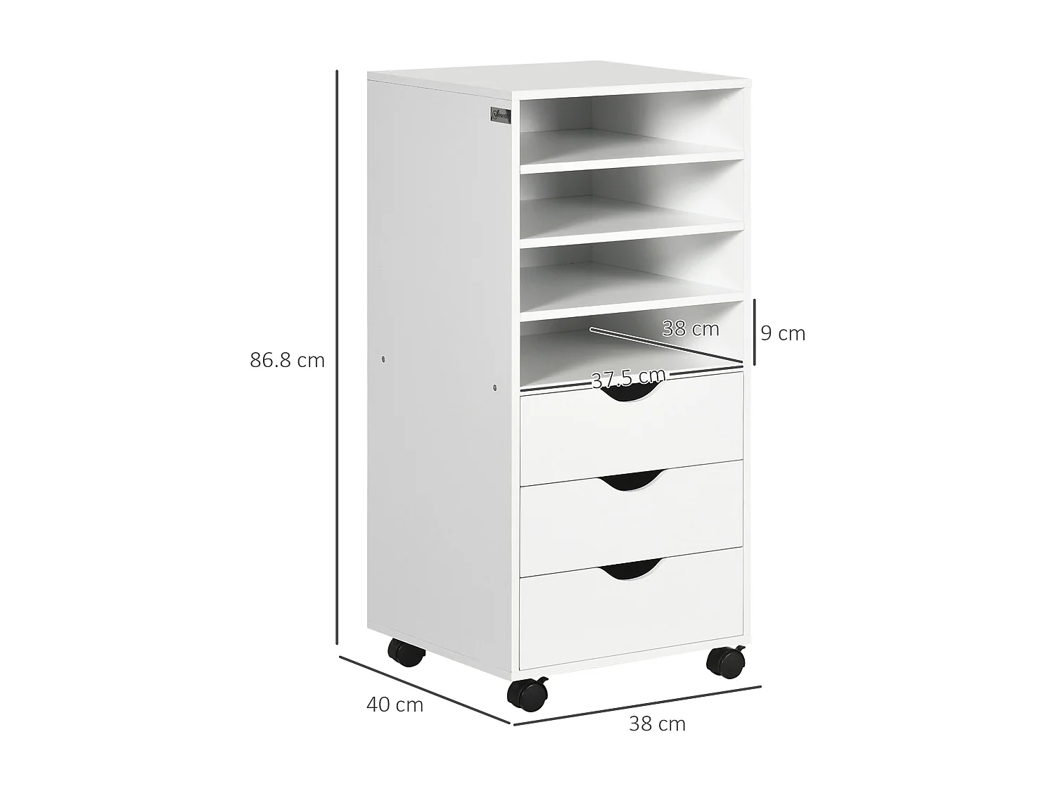 Cassettiera da ufficio con ruote 4 ripiani 3 cassetti in legno bianco