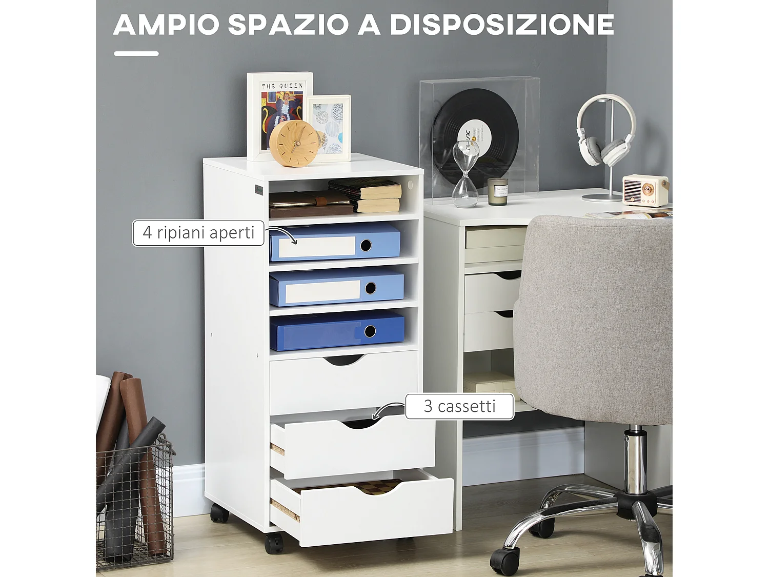Cassettiera da ufficio con ruote 4 ripiani 3 cassetti in legno bianco