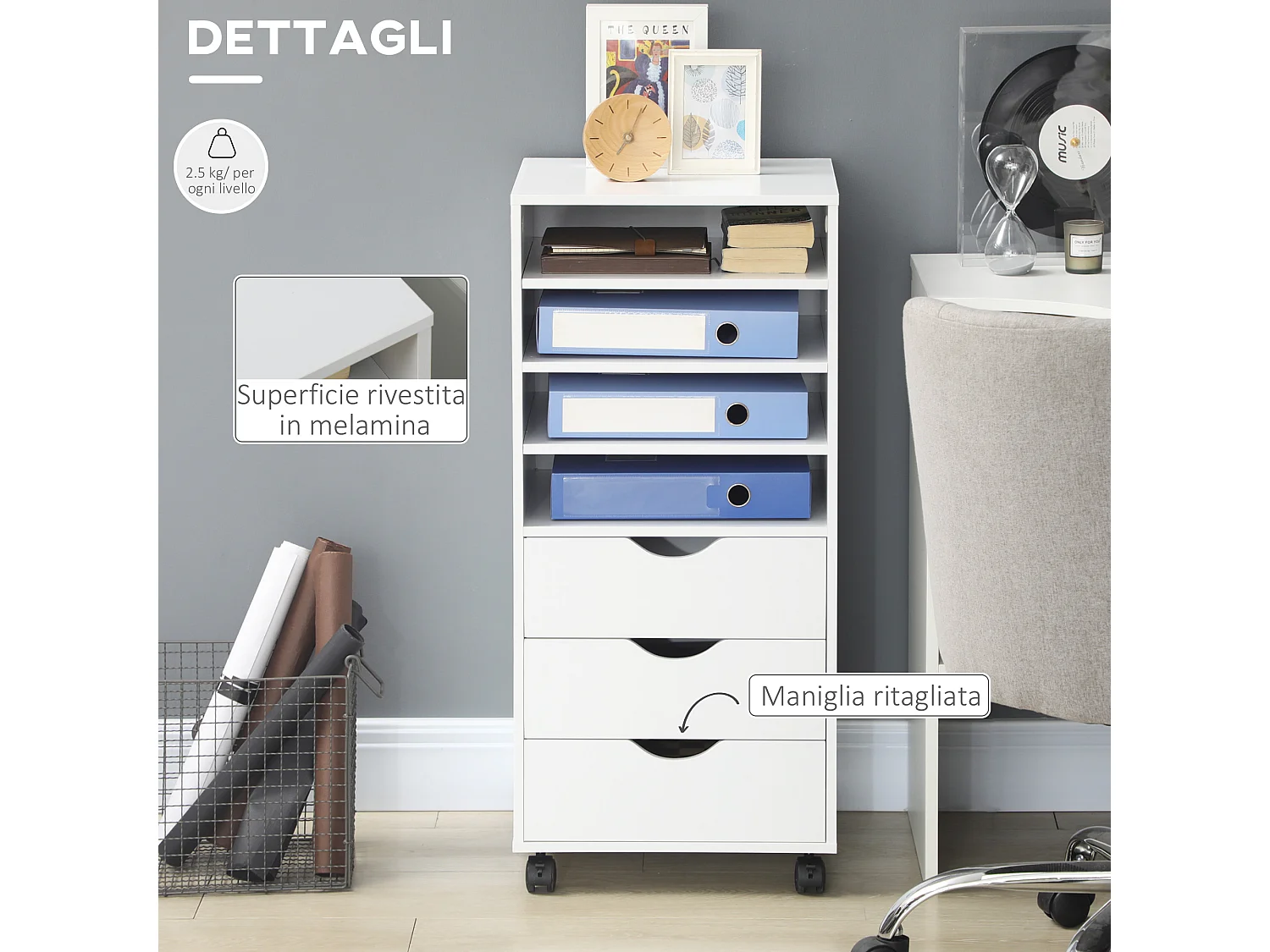 Cassettiera da ufficio con ruote 4 ripiani 3 cassetti in legno bianco