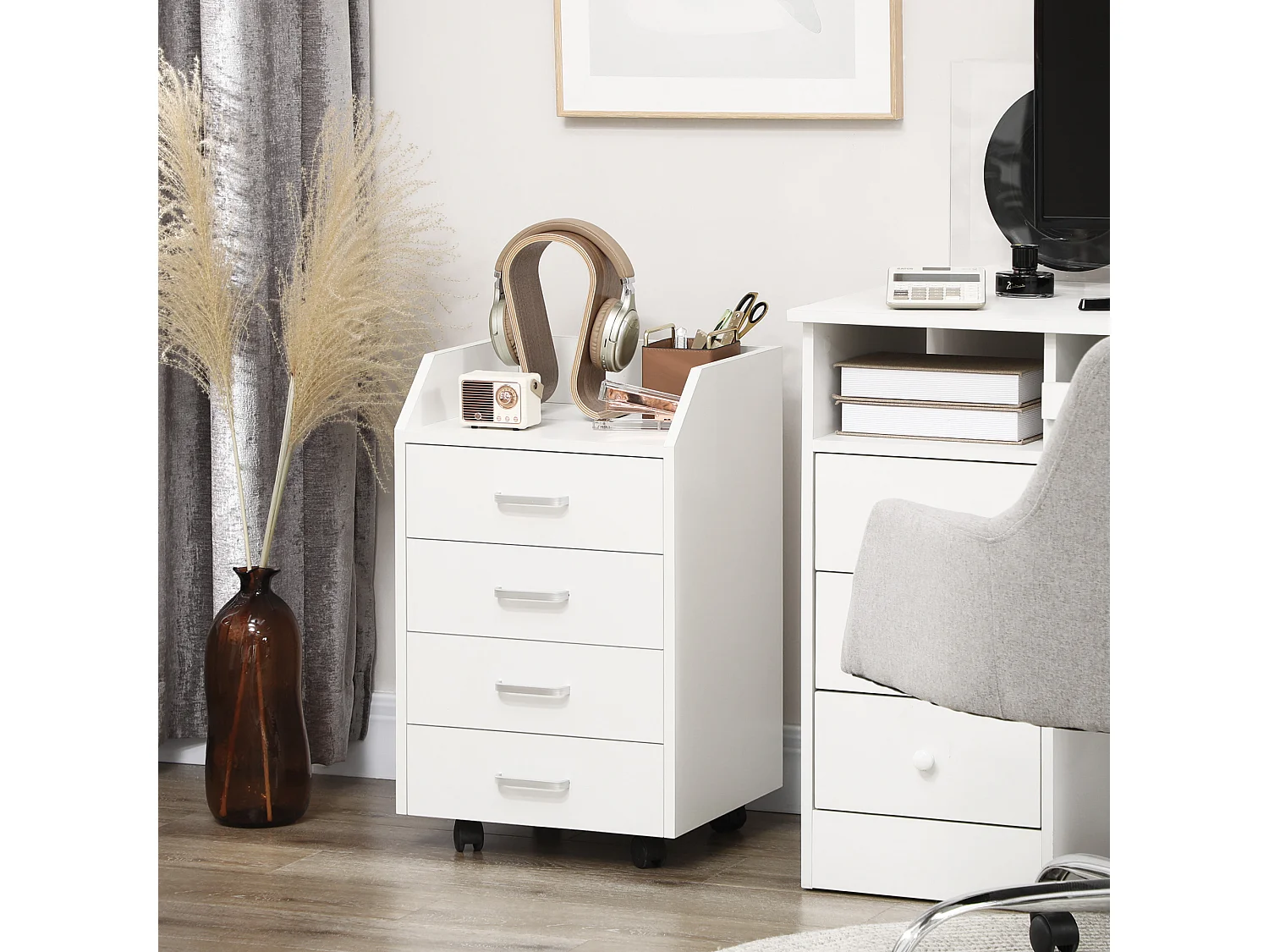 Cassettiera per ufficio a 4 cassetti e rotelle in legno bianco