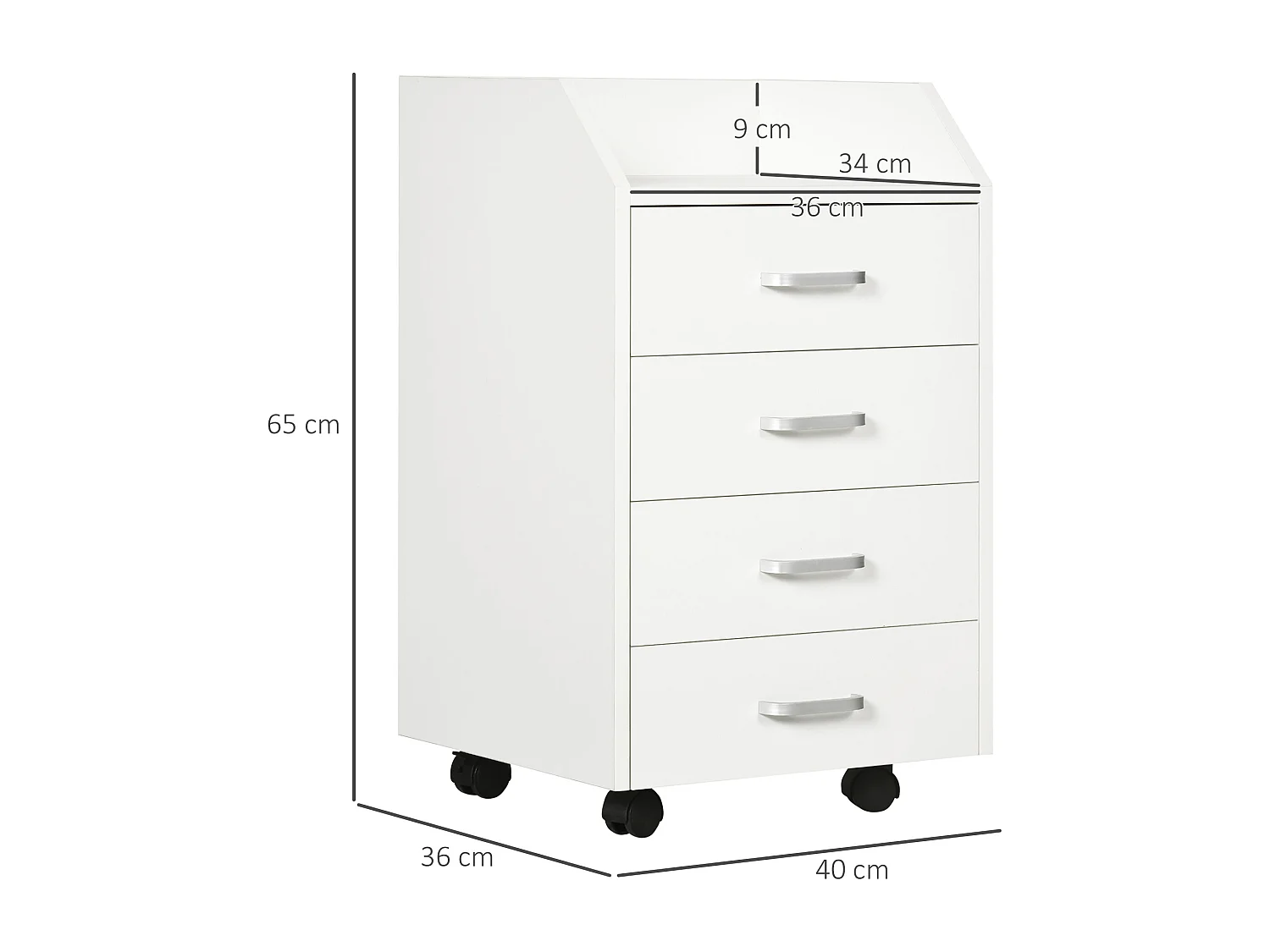 Cassettiera per ufficio a 4 cassetti e rotelle in legno bianco