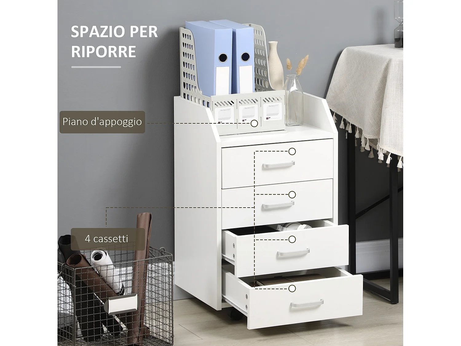 Cassettiera per ufficio a 4 cassetti e rotelle in legno bianco