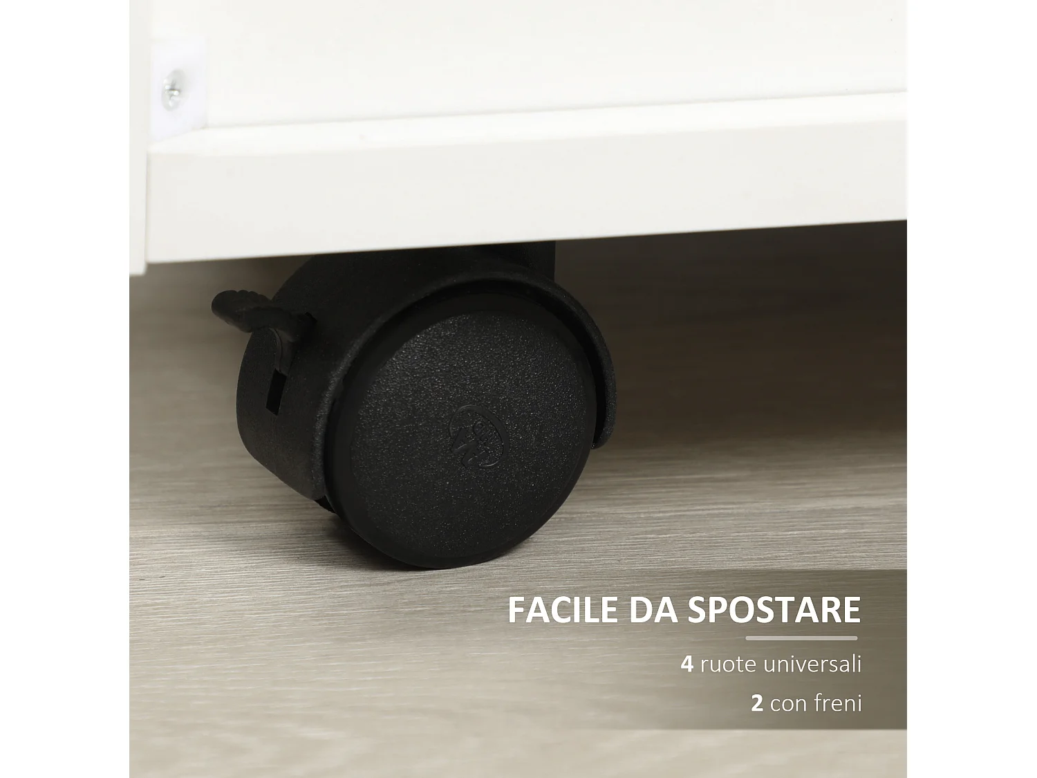 Cassettiera per ufficio a 4 cassetti e rotelle in legno bianco