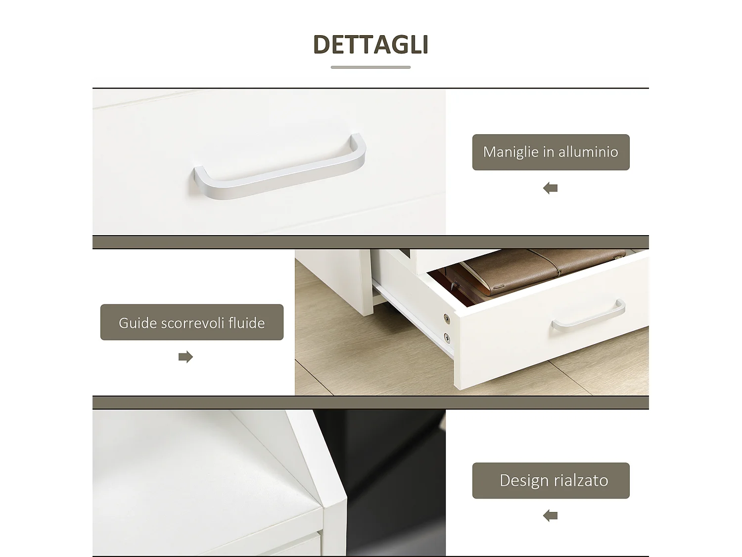 Cassettiera per ufficio a 4 cassetti e rotelle in legno bianco