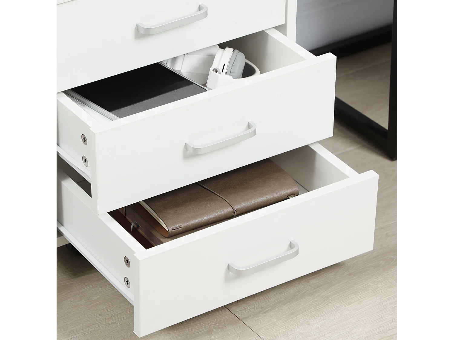 Cassettiera per ufficio a 4 cassetti e rotelle in legno bianco