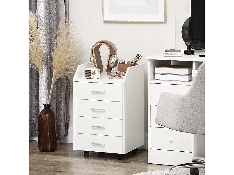 Cassettiera per ufficio a 4 cassetti e rotelle in legno bianco
