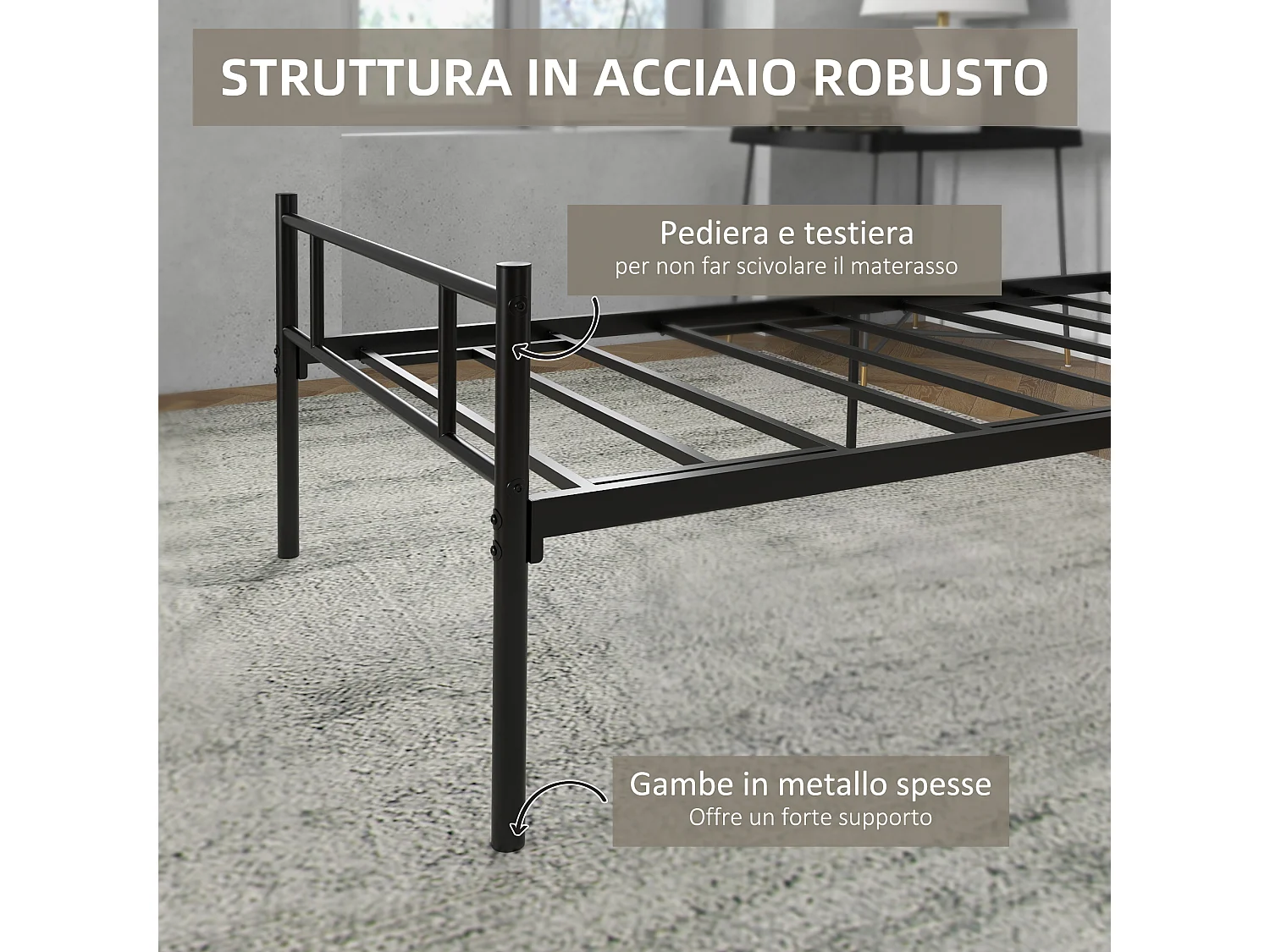 Letto singolo 90x200cm con doghe integrate e testiera acciaio