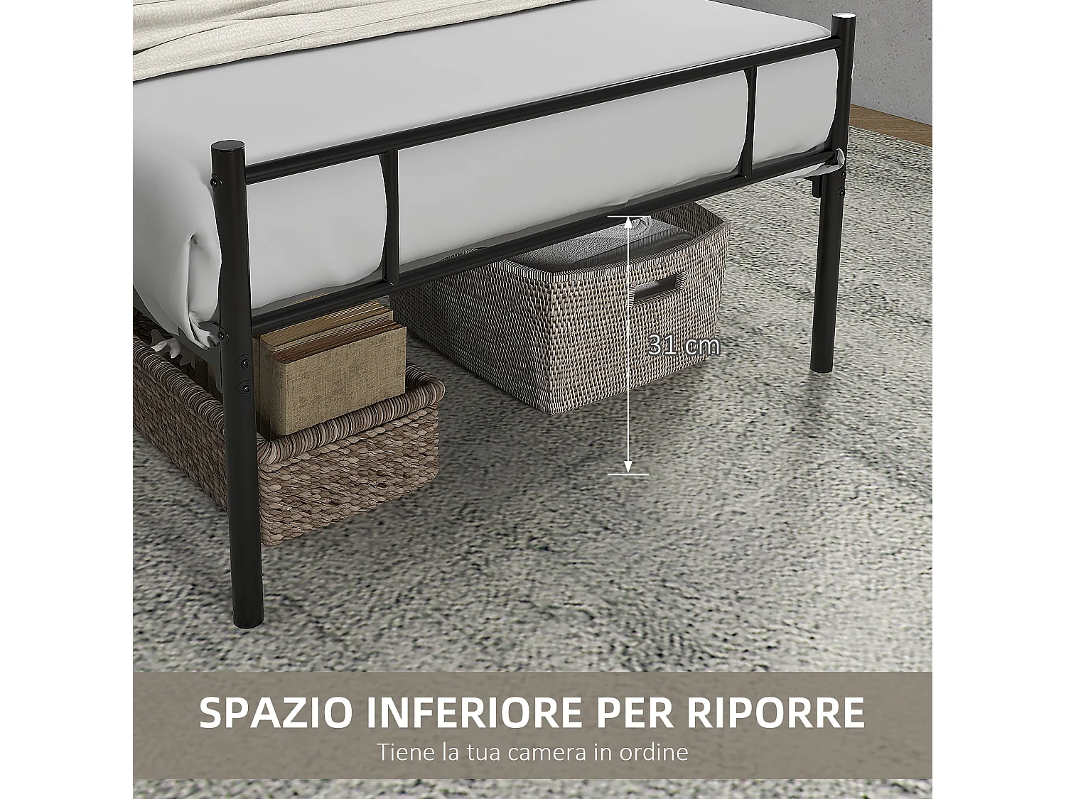 Letto singolo 90x200cm con doghe integrate e testiera acciaio