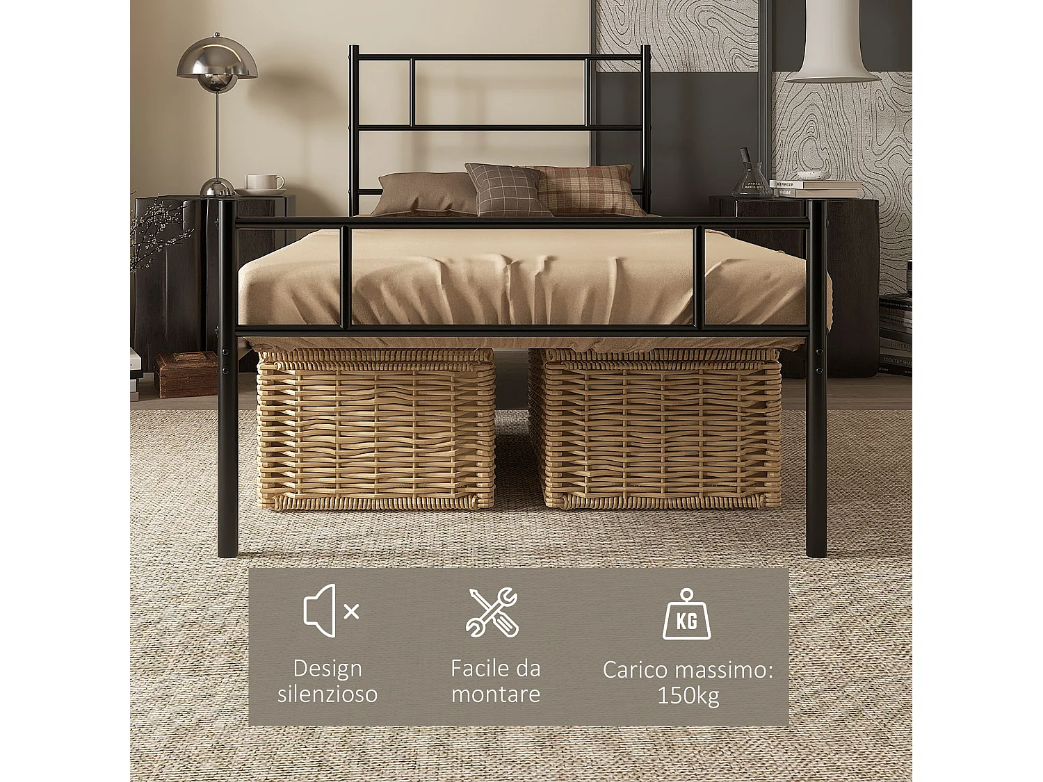 Letto singolo 90x200cm con doghe integrate e testiera acciaio