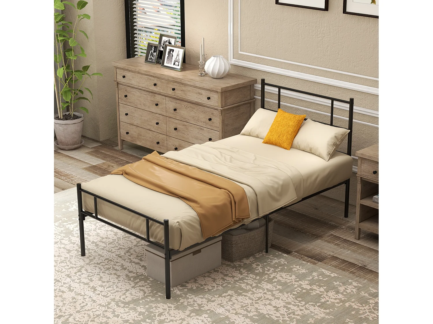 Letto singolo 90x200cm con doghe integrate e testiera acciaio