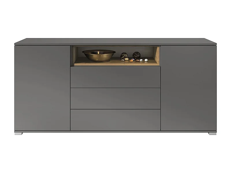 Skadu V4 Buffet, Commode avec 2 portes, 3 tiroirs et 1 compartiment ouvert, anthracite mat/Chêne Evoke (166,5 x 75,5 x 35 cm)