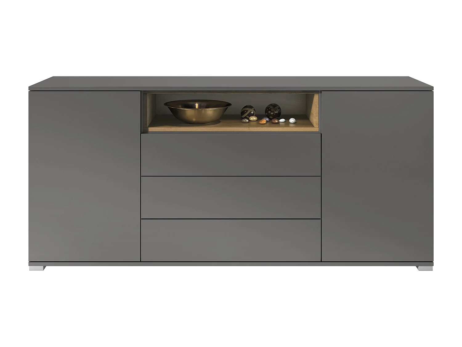 Skadu V4 Buffet, Commode avec 2 portes, 3 tiroirs et 1 compartiment ouvert, anthracite mat/Chêne Evoke (166,5 x 75,5 x 35 cm)