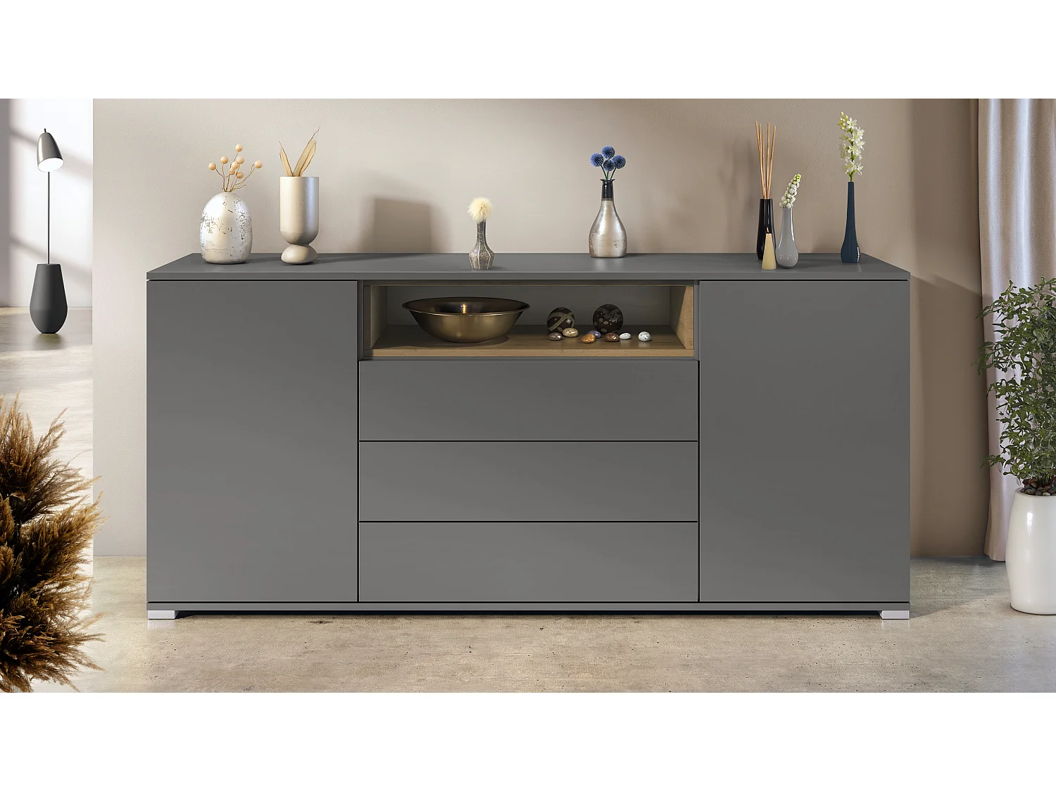 Skadu V4 Buffet, Commode avec 2 portes, 3 tiroirs et 1 compartiment ouvert, anthracite mat/Chêne Evoke (166,5 x 75,5 x 35 cm)