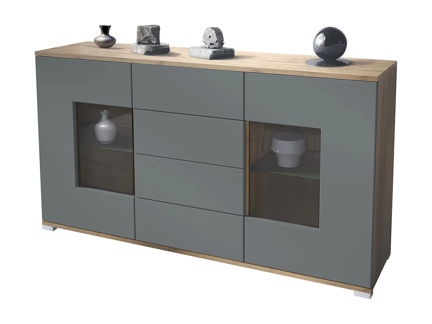 Buffet Grömitz V1 – Meuble avec 2 Grandes Portes et 4 Tiroirs, Chêne Evoke/graphite satiné mat (138,5 x 75,5 x 35)