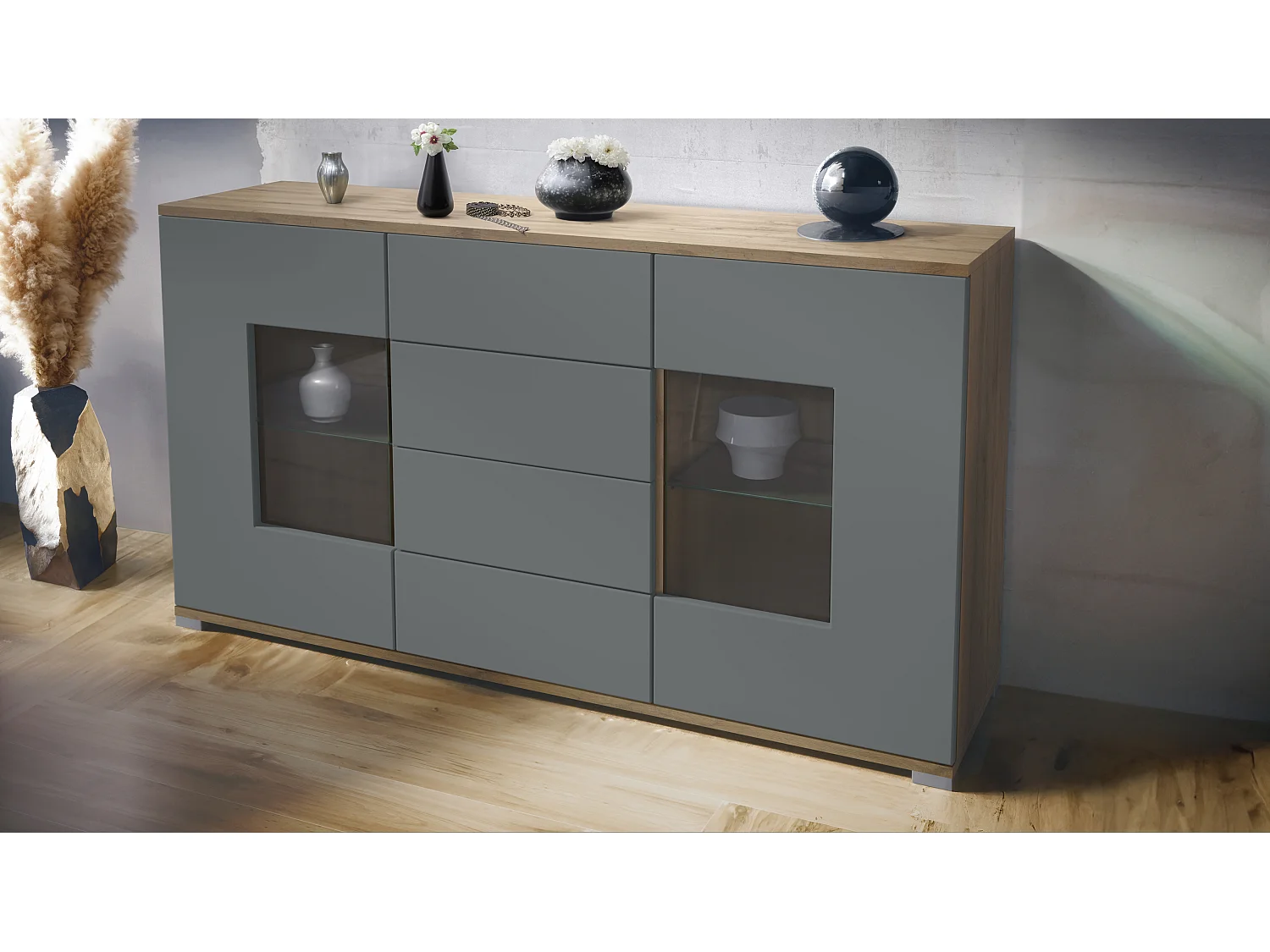 Buffet Grömitz V1 – Meuble avec 2 Grandes Portes et 4 Tiroirs, Chêne Evoke/graphite satiné mat (138,5 x 75,5 x 35)