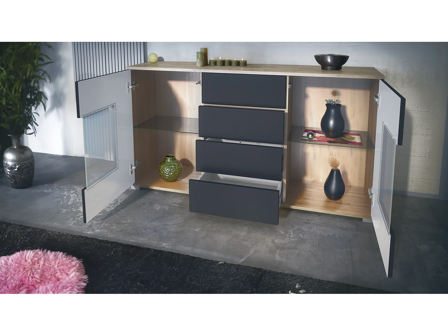 Buffet Grömitz V1 – Meuble avec 2 Grandes Portes et 4 Tiroirs, Chêne Evoke/graphite satiné mat (138,5 x 75,5 x 35)
