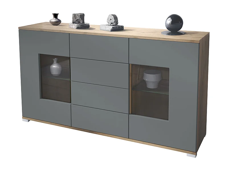 Buffet Grömitz V1 – Meuble avec 2 Grandes Portes et 4 Tiroirs, Chêne Evoke/graphite satiné mat (138,5 x 75,5 x 35)